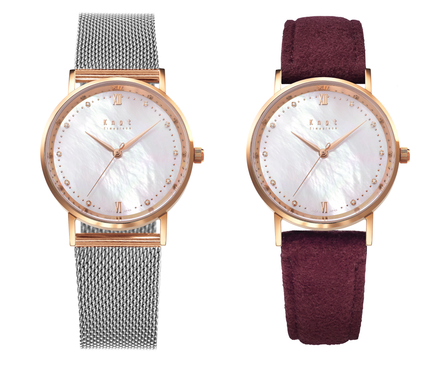 ローズゴールドカラーのケースにホワイトカラーのマザーオブパール文字版の腕時計(機械式)に、ステンレスメッシュストラップを付けた組み合わせ(左)と、バーガンディーカラーのウルトラスエードストラップをつけた組み合わせ(右)