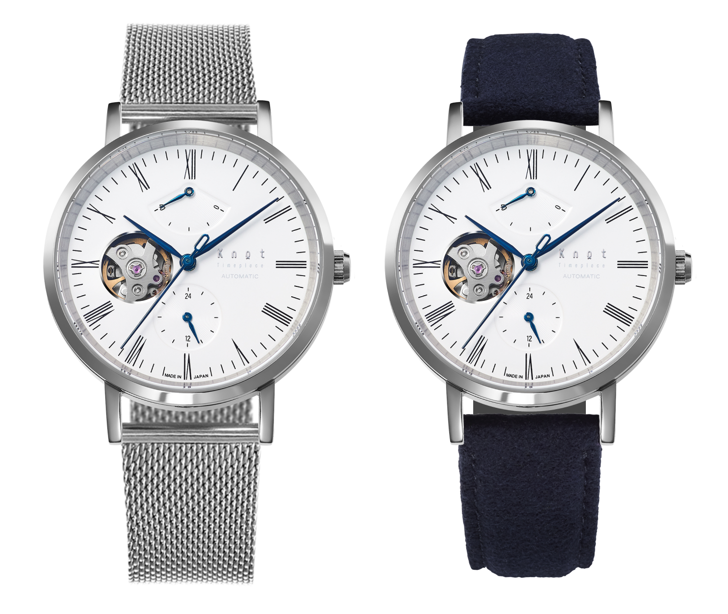 シルバーカラーのケースにホワイトの文字版の腕時計(機械式)に、ステンレスメッシュストラップを付けた組み合わせ(左)と、ネイビーカラーのウルトラスエードストラップをつけた組み合わせ(右)