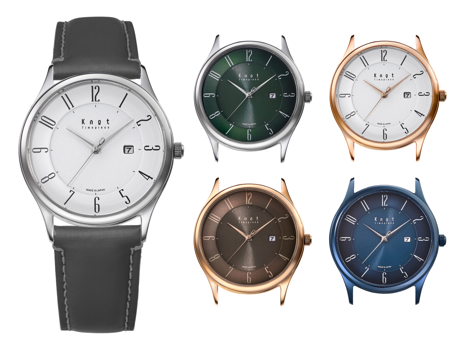 Knotのクラシックソーラー32mmタイプにオールガードレザーのブラックカラーストラップを合わせた組み合わせと時計のカラーばバリエーションイメージ